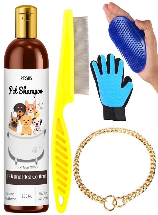 مجموعة العناية بالحيوانات الأليفة - مشط البراغيث، سلسلة طوق ذهبية، قفاز، قفاز راحة اليد، قراد - Image 1